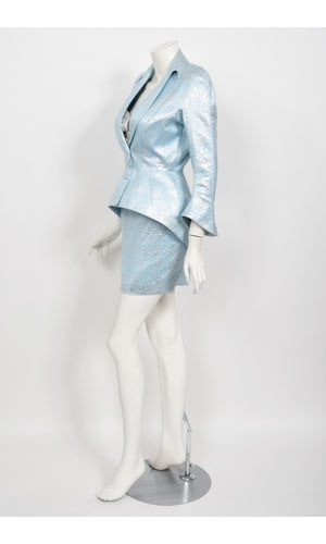 1992 Thierry Mugler Couture Metallic Silver Blue Bustier Mini Skirt Suit