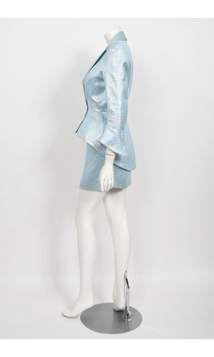 1992 Thierry Mugler Couture Metallic Silver Blue Bustier Mini Skirt Suit