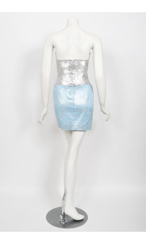 1992 Thierry Mugler Couture Metallic Silver Blue Bustier Mini Skirt Suit