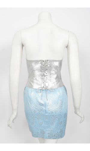1992 Thierry Mugler Couture Metallic Silver Blue Bustier Mini Skirt Suit