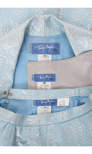 1992 Thierry Mugler Couture Metallic Silver Blue Bustier Mini Skirt Suit