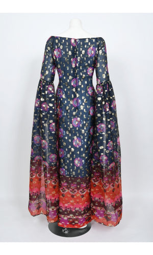 1960's Tina Leser Metallic Organza Dramatic Angel-Sleeve Psychedelic Gown