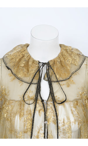 1970's Bill Gibb London Couture Metallic Gold Sheer Lace Babydoll Mini Dress