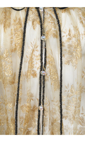 1970's Bill Gibb London Couture Metallic Gold Sheer Lace Babydoll Mini Dress