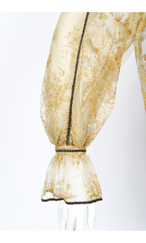 1970's Bill Gibb London Couture Metallic Gold Sheer Lace Babydoll Mini Dress