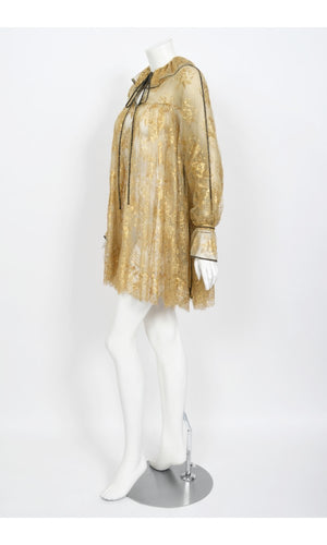 1970's Bill Gibb London Couture Metallic Gold Sheer Lace Babydoll Mini Dress