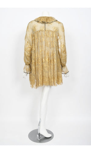 1970's Bill Gibb London Couture Metallic Gold Sheer Lace Babydoll Mini Dress