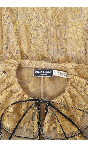 1970's Bill Gibb London Couture Metallic Gold Sheer Lace Babydoll Mini Dress