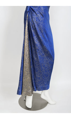 1990's Jacqueline de Ribes Metallic Blue Lurex Silk Asymmetric Bias-Cut Gown
