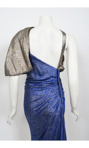 1990's Jacqueline de Ribes Metallic Blue Lurex Silk Asymmetric Bias-Cut Gown