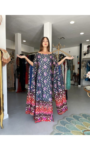 1960's Tina Leser Metallic Organza Dramatic Angel-Sleeve Psychedelic Gown