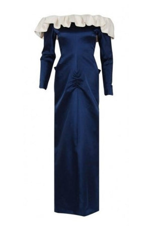 1979 Givenchy Haute-Couture Navy & Ivory Satin Off-Shoulder Ruffle Evening Gown