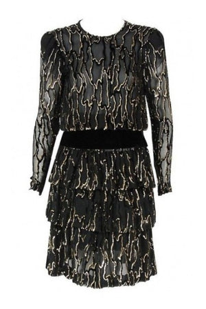 1979 Givenchy Haute-Couture Metallic Gold & Black Burnout Velvet Tiered Dress