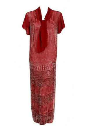 1920's Burgundy Red Beaded Deco Floral Silk Scarf-Tie Couture Flapper Dress