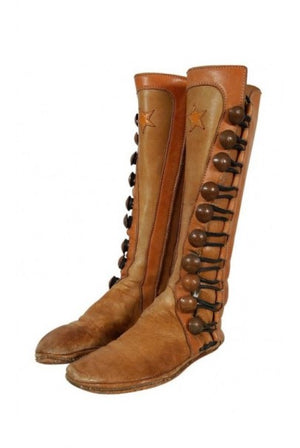 1960's Handmade Bohemian Brown Leather Hippie Star-Applique Flat Moccasin Boots