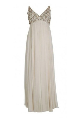 1960's Malcolm Starr Beaded Ivory-Creme Silk Chiffon Empire Plunge Goddess Gown