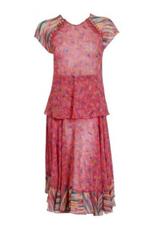 1976 Ossie Clark for Radley Pink Celia Birtwell Print Crepe Flutter Dress Set