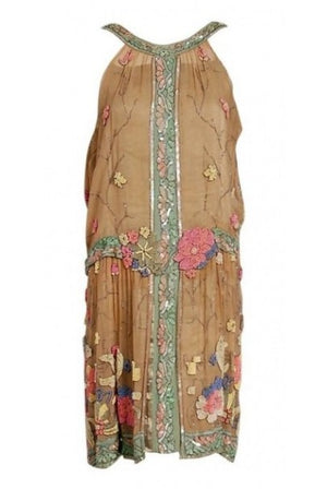 1925 Henri Bendel Couture Colorful Beaded Floral Silk & Lame Flapper Deco Dress
