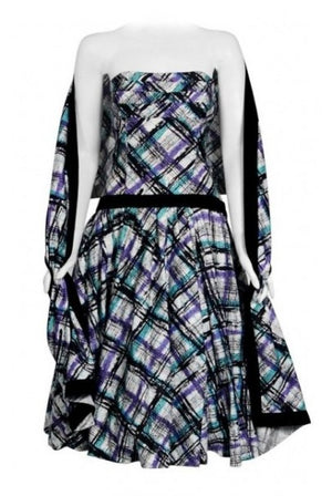 1950's Graphic Plaid Print Cotton Strapless Shelf-Bust Bustle Back Dress & Shawl