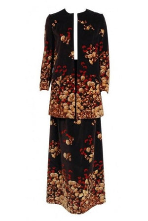 1977 Valentino Novelty Acorn Berry Print Velvet Swing Jacket and Maxi Skirt Set