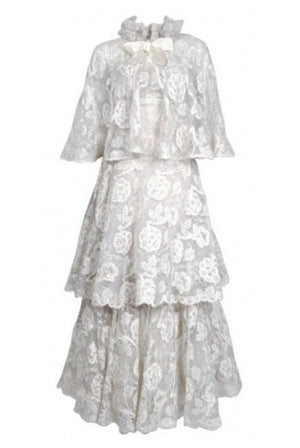 1960’s Arnold Scaasi Couture White Embroidered Floral Lace Strapless Tiered Gown & Capelet