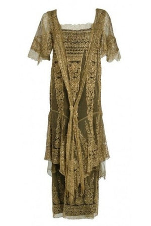 1920's Oppenheim Collins Couture Metallic-Gold Lace Tiered Flutter Evening Dress