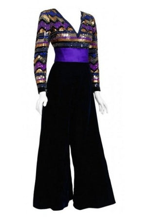 1971 Pierre Balmain Haute-Couture Graphic Beaded Blue Velvet Jumpsuit & Jacket