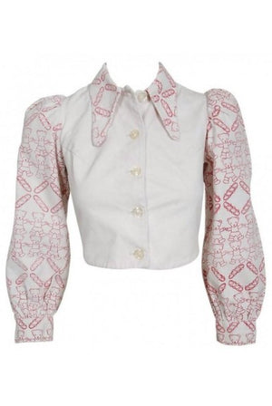 1968 Zandra Rhodes Couture Teddy Bear Novelty Print White Denim Cropped Jacket
