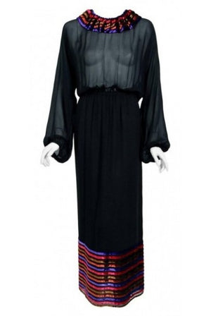 1978 Lanvin Couture Black Sheer Silk Chiffon and Stripe Velvet Billow-Sleeve Gown