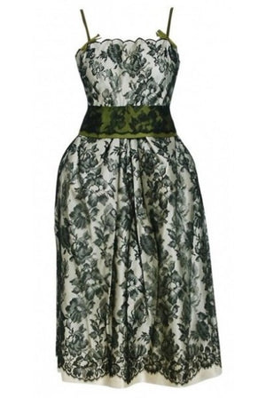 1956 Chloe Paris Couture Ivory Satin & Black Floral Lace Belted Cocktail Dress