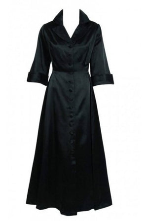 1954 Chanel Haute-Couture Black Satin Wide Cuff Full-Length Princess Dress Coat