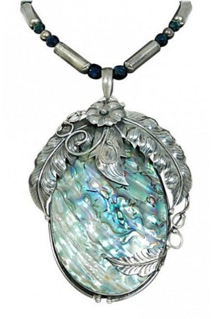 1970's Native American Abalone Sterling Silver Feather Motif Statement Necklace