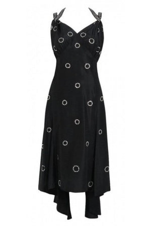 1930's Rhinestone Studded Deco Circles Black Silk Bias-Cut Waterfall Train Dress
