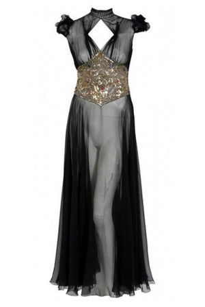 1930's Couture Black Sequin Silk-Chiffon Puff Sleeve Backless Bias-Cut Deco Gown