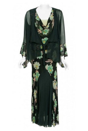 1930's Green Black Floral Print Lace Chiffon Bias-Cut Gown & Bell-Sleeve Jacket