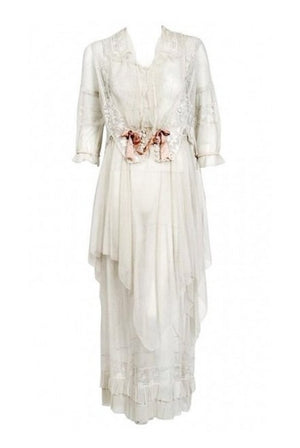 1910 Edwardian Ivory Sheer Embroidered Floral Lace & Net-Tulle Tiered Tea Gown