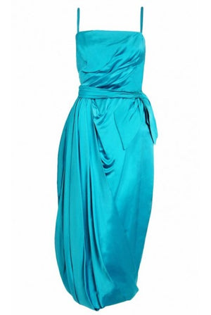 1950's Lee Claire Aqua-Blue Silk Ruched Asymmetric Drape Belted Cocktail Dress