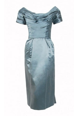 1955 Ceil Chapman Documented Steel-Blue Ruched Satin Fishtail Cocktail Dress