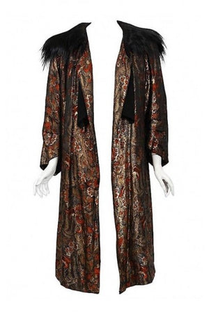 1920's Trevl Haute-Couture Metallic Feather Print Lamé & Monkey Fur Flapper Coat