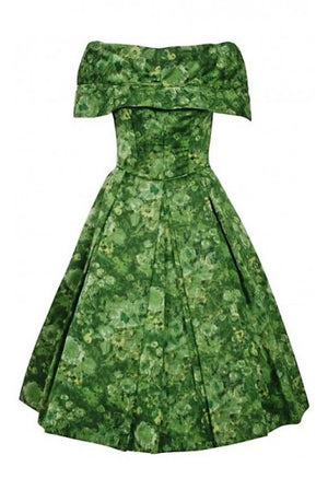 1950's Peggy Hunt Green Watercolor Floral Silk Portrait-Collar Pleated Dress