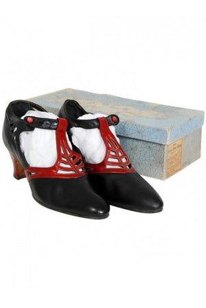 1920's Spiderweb Cut-Out Novelty Red & Black Leather Deco Flapper Shoes w/ Box
