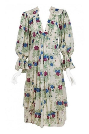 1973 Ossie Clark Couture Celia Birtwell Floral Print Tiered Silk Chiffon Dress