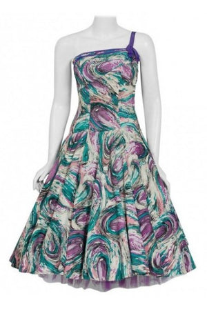 1950's Perullo Abstract Atomic Purple Blue Cotton Pique One-Shoulder Full Dress