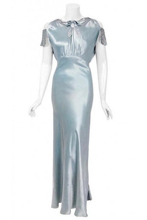 1930's Ice Blue Rhinestone Silk Cut-Out Shoulder Backless Bias-Cut Deco Gown