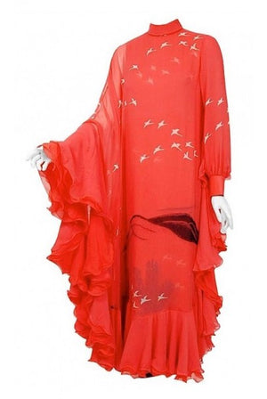 1972 Hanae Mori Couture Documented Scenic Bird Print Silk-Chiffon Caftan Dress