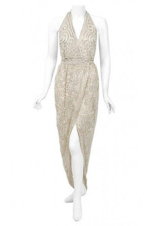 1975 Halston Couture Ivory Pearl Beaded Swirl Silk Halter Backless Wrap Gown