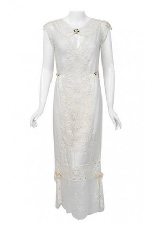 1910's Edwardian Couture White Embroidered Cotton & Lace Cut-Out Boudior Dress