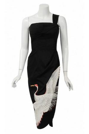 1950's Alix of Miami Crane Bird Novelty Applique Black Cotton One-Shoulder Dress