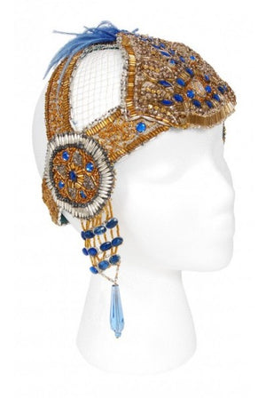 1920's French Couture Gold Beaded Blue Jeweled Flapper Headpiece