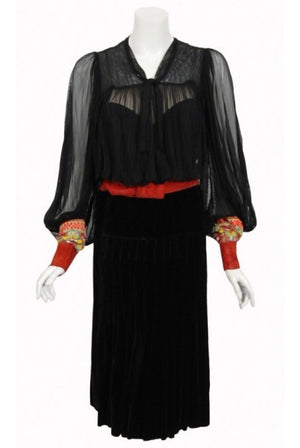 1935 House of Worth Couture Beaded Velvet & Silk Illusion Belted Dress
